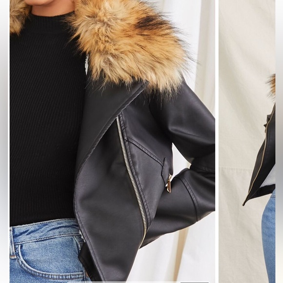 NWT Forever21 Faux Leather Biker jacket Size M Sherpa lined removable fur - Picture 4 of 11